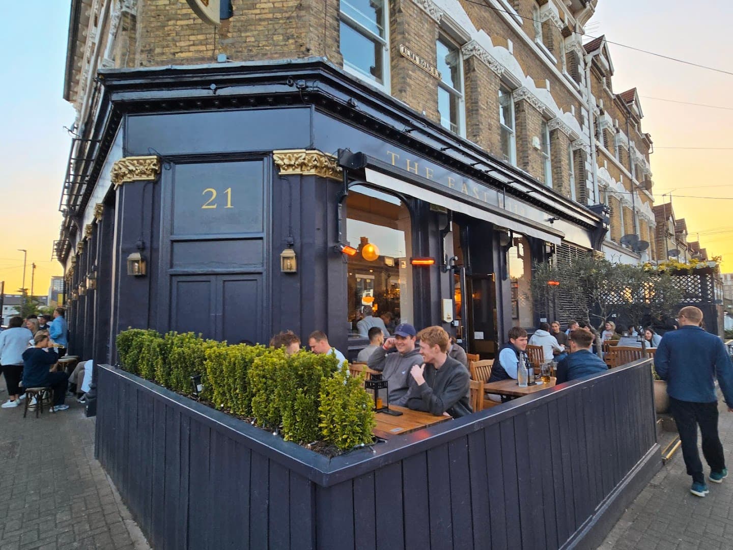 Outdoor terrace seating at East Hill, London