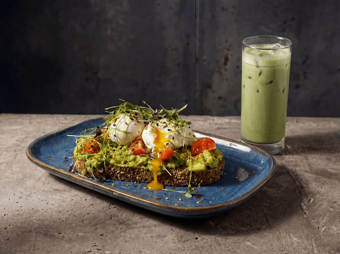 Avocado toast with poached eggs at Burnt Umber Brasserie, London