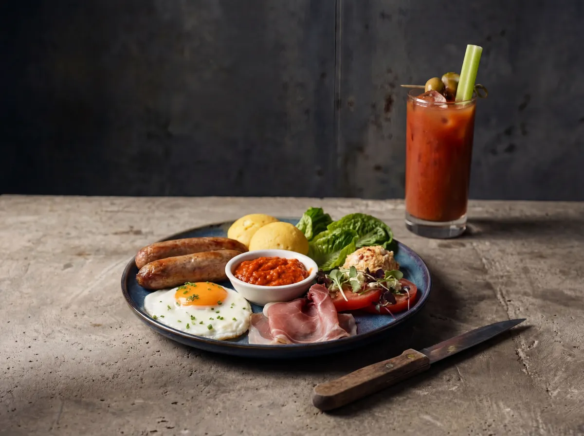 Brunch platter with Bloody Mary at Burnt Umber Brasserie, London