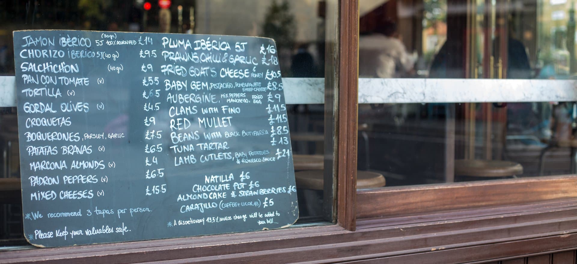 Tapas menu board at José, London