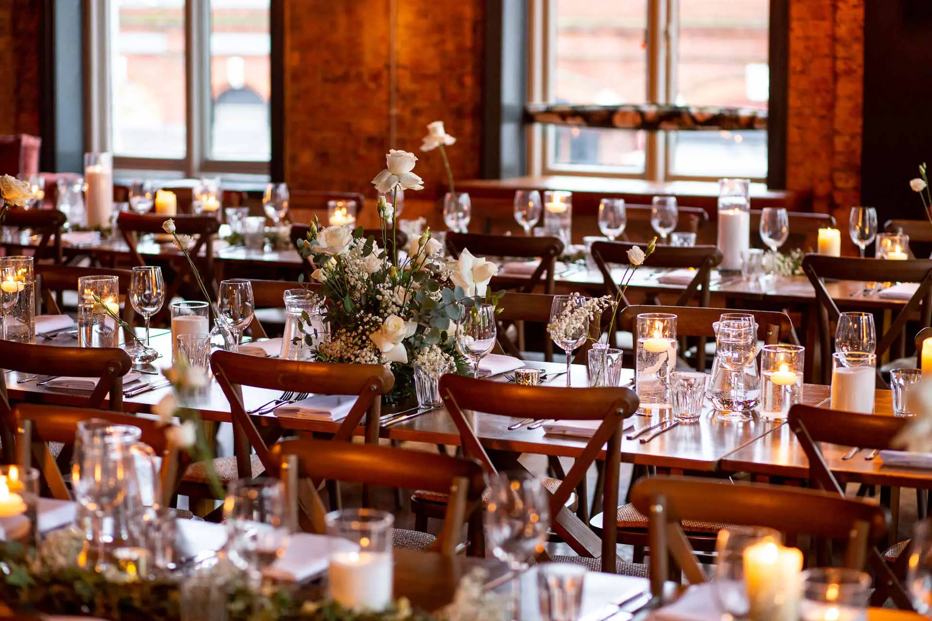 Elegant wedding reception table setting at The Horseshoe, Hampstead, London