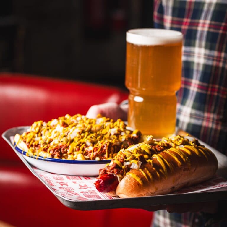 Loaded fries, hot dog and craft beer at MEATliquor Bar & Restaurant N1 Angel Islington, London