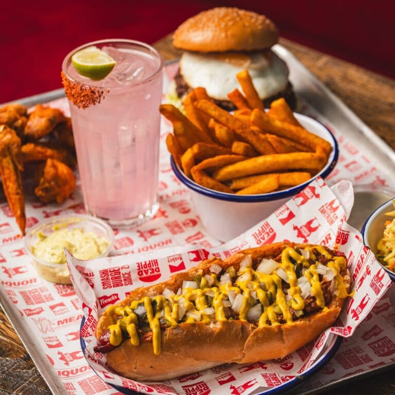 Loaded hot dog and burger meal at MEATliquor Bar & Restaurant N1 Angel Islington, London