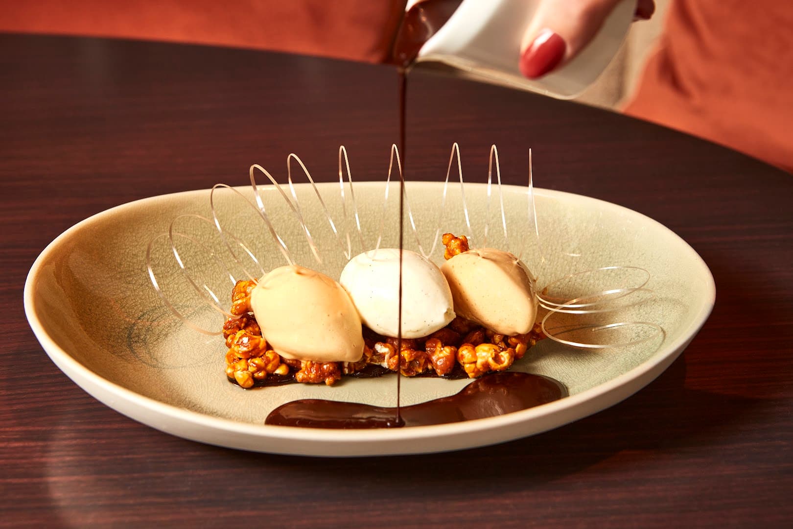Chocolate dessert with caramelised popcorn at abc kitchens, London