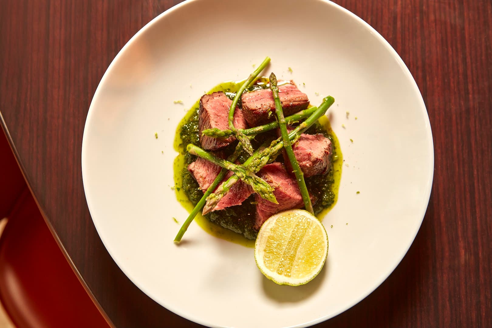 Sliced steak with asparagus at abc kitchens, London