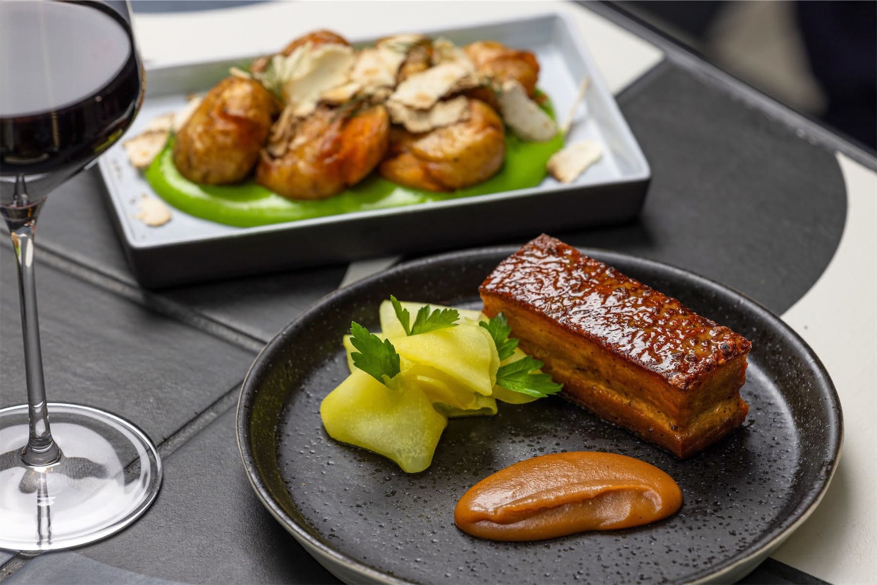 Glazed pork belly with hasselback potatoes at Art Yard Bar & Kitchen, London