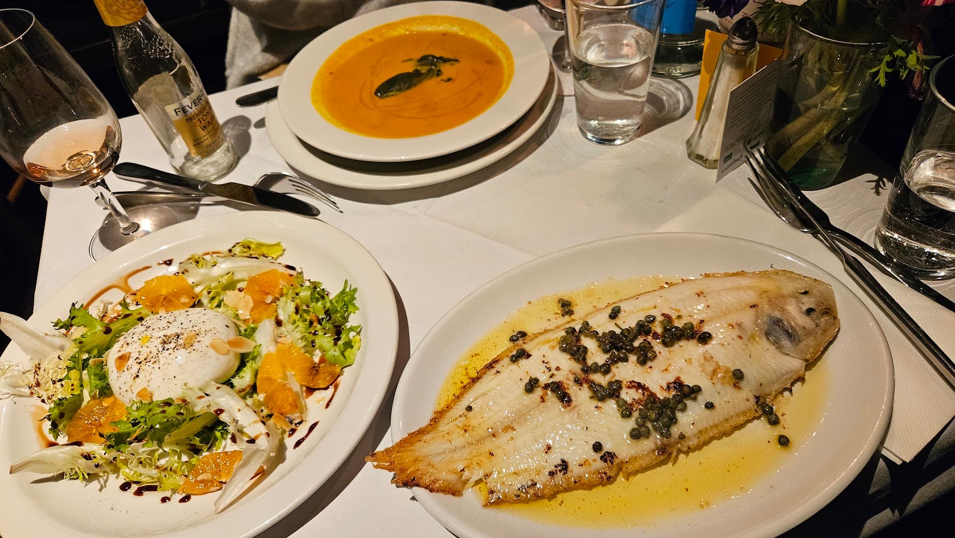 Dover sole meunière with salad and soup at Andrew Edmunds, London