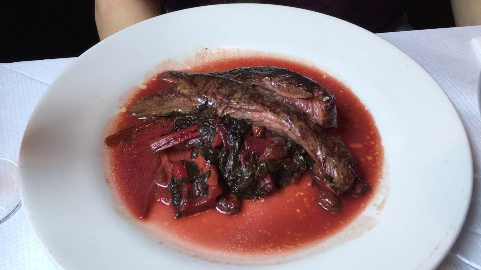 Sliced steak with red wine sauce at Andrew Edmunds, London