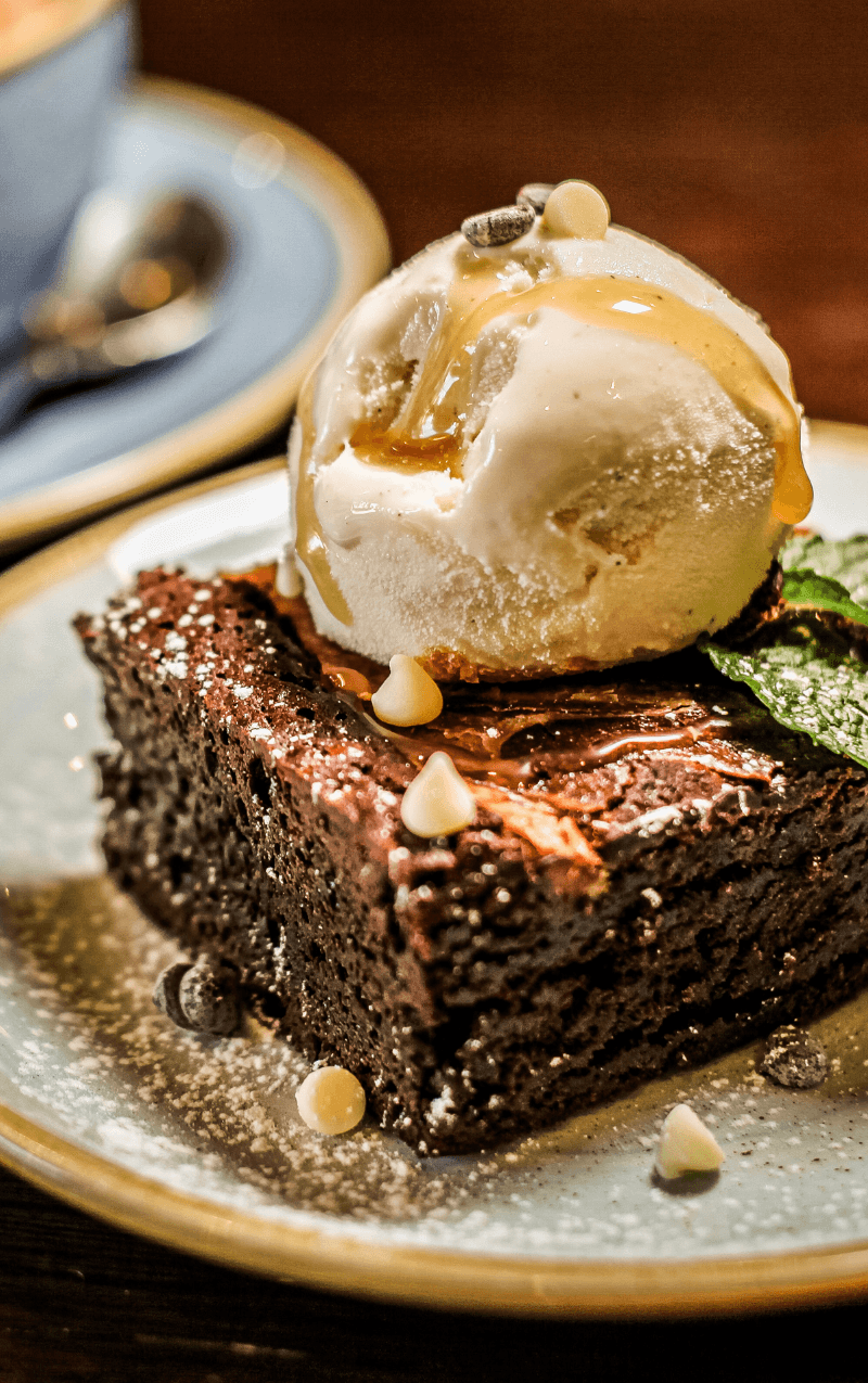 Chocolate brownie ice cream dessert at Victoria House Coffee & Food, London