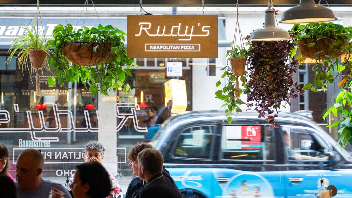 Window seating with hanging plants at Rudy's Pizza Napoletana, London