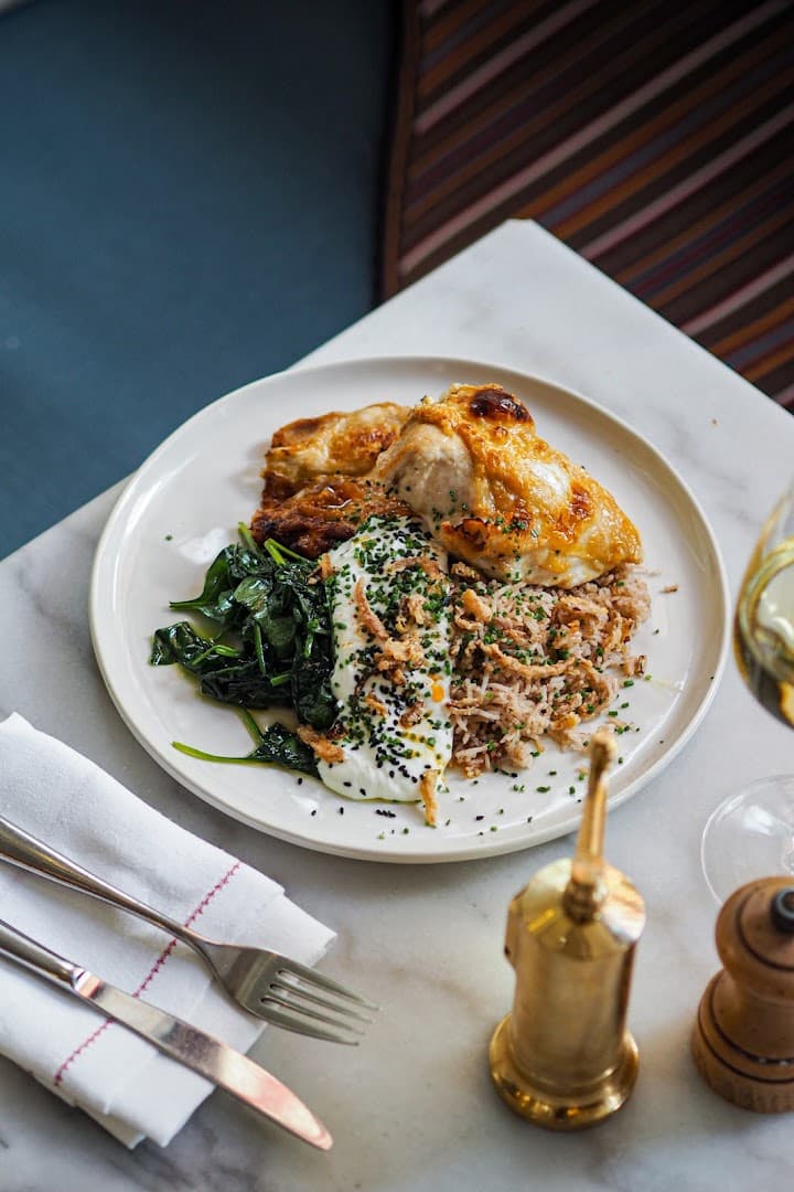 Roast chicken lunch plate at Artist Residence Clubhouse, London