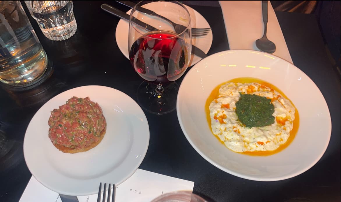 Steak tartare and risotto starters at Bar Crispin, London