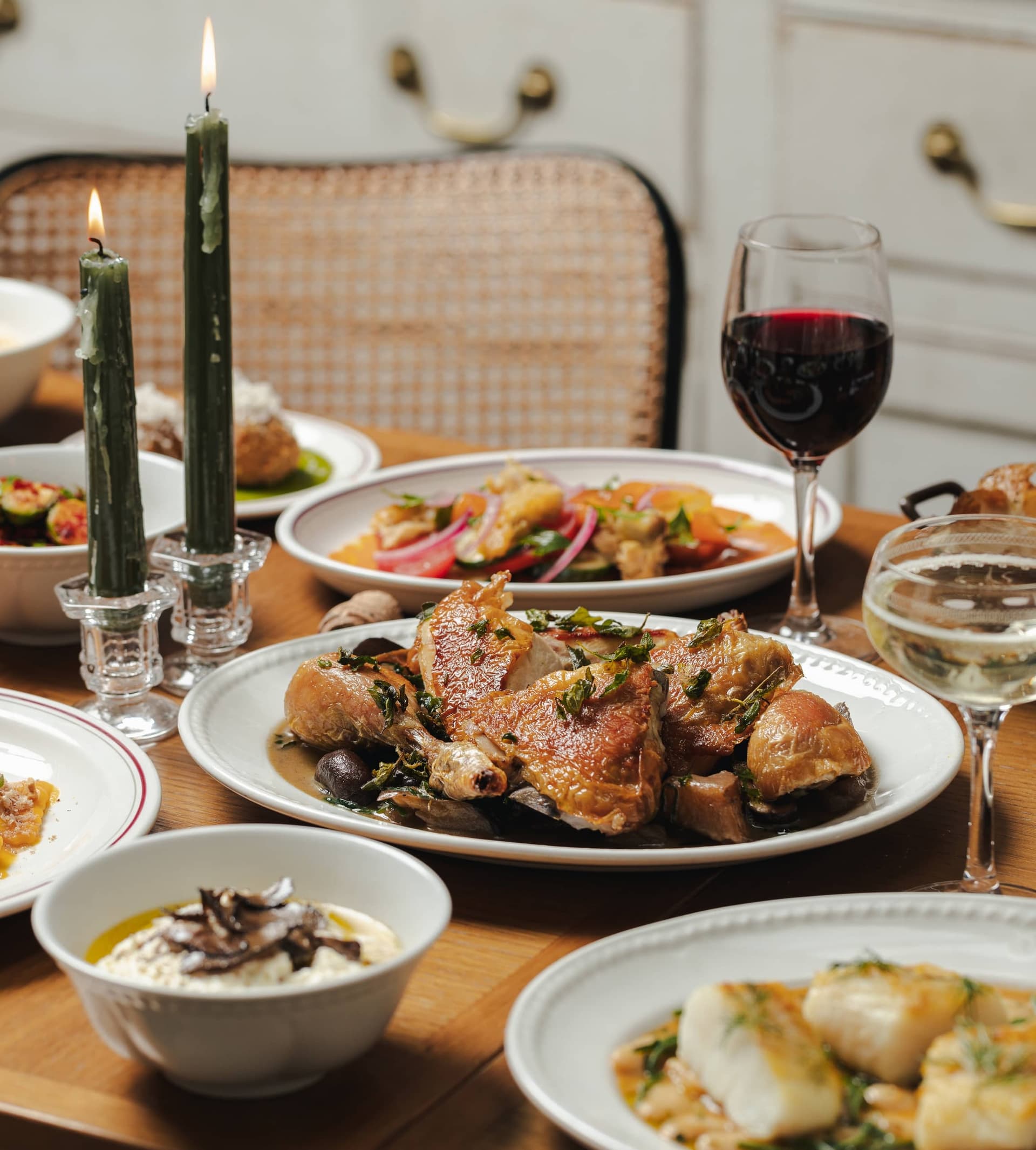 Candlelit dinner table setting at Mortimer House Kitchen, London
