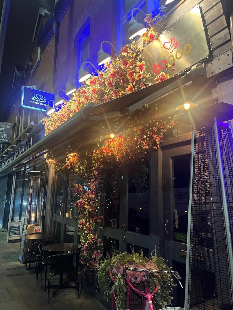 Front entrance with floral installation at Bonoo Indian Tapas Hampstead, London