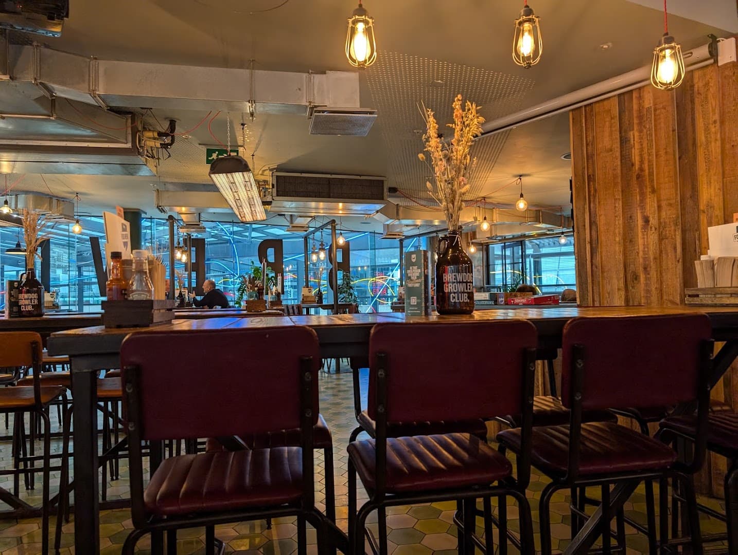 Bar area seating at BrewDog Canary Wharf, London