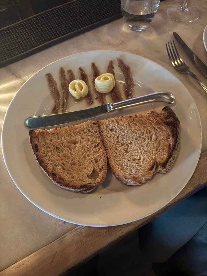 Anchovies and bread at Brutto, London