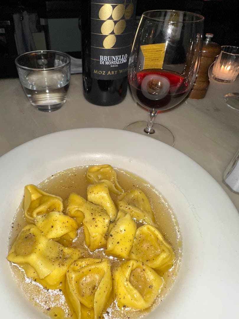 Tortellini in brodo with Brunello di Montalcino wine at Brutto, London