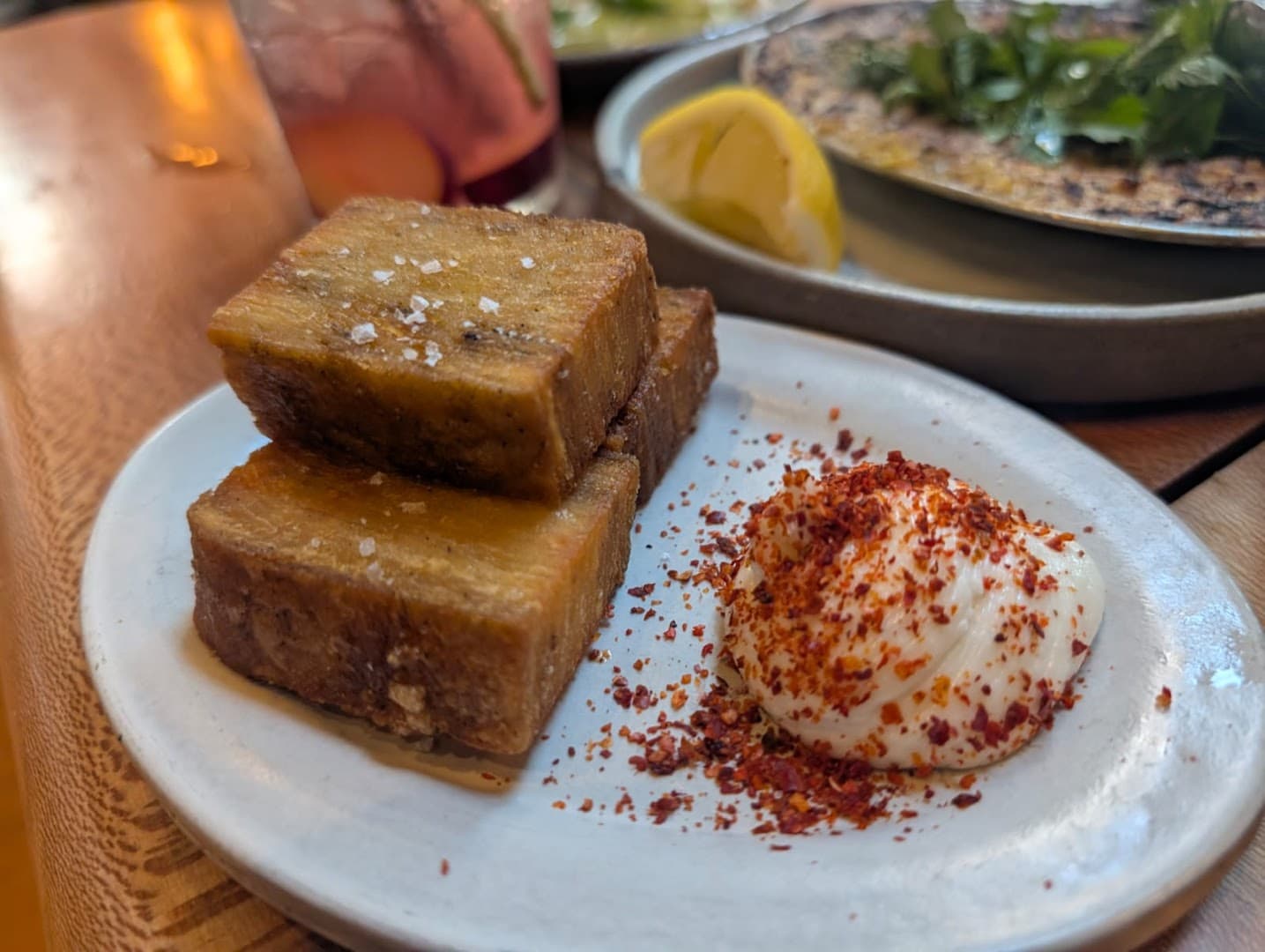 Crispy pork belly with labneh at Bubala King's Cross, London