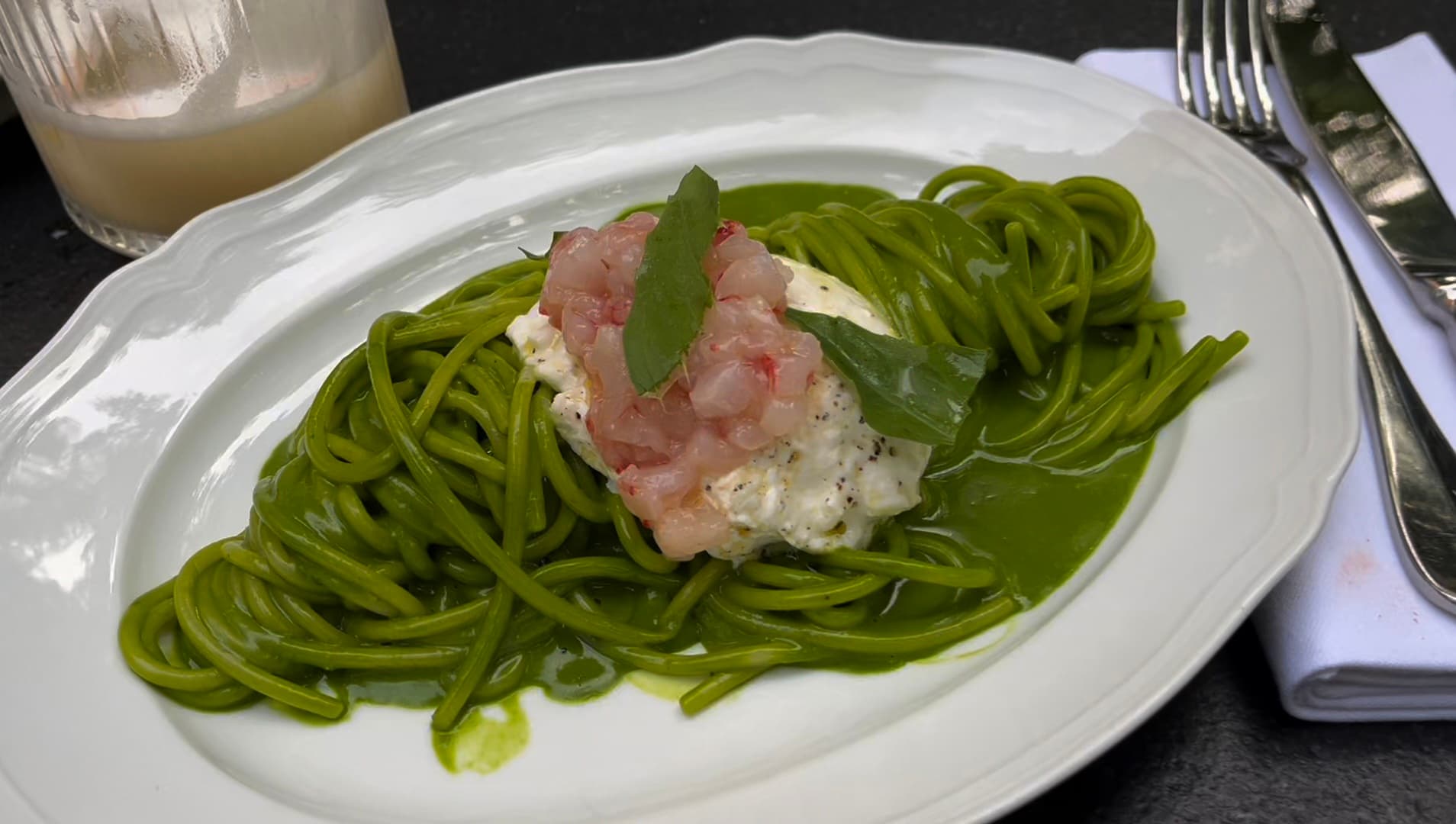 Green pasta with shrimp and burrata at Pollini at Ladbroke Hall, London