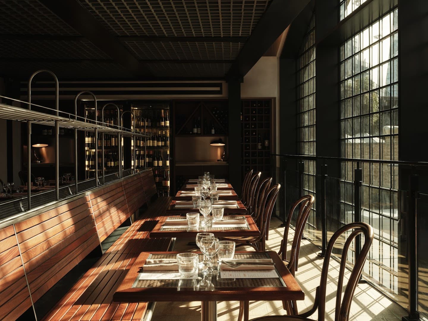 Stylish dining room with window seating at Café François, London