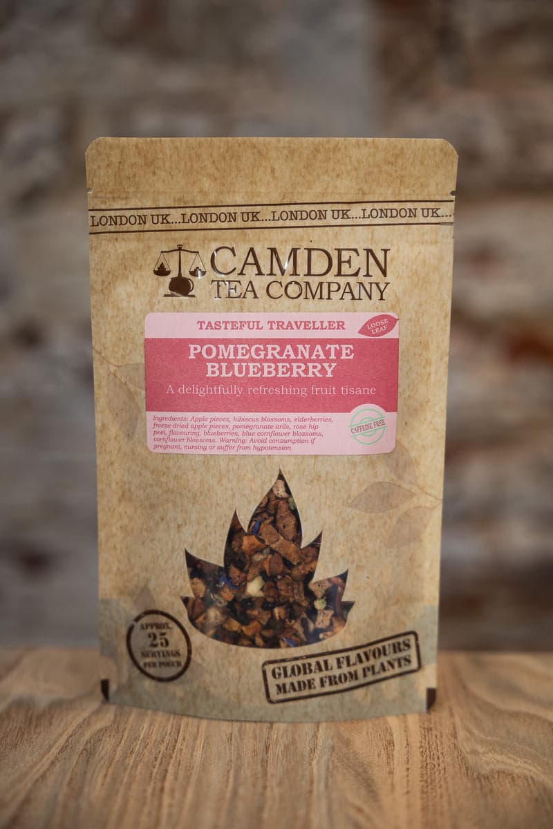 Pomegranate Blueberry fruit tisane tea packaging at Camden Tea Bar, London