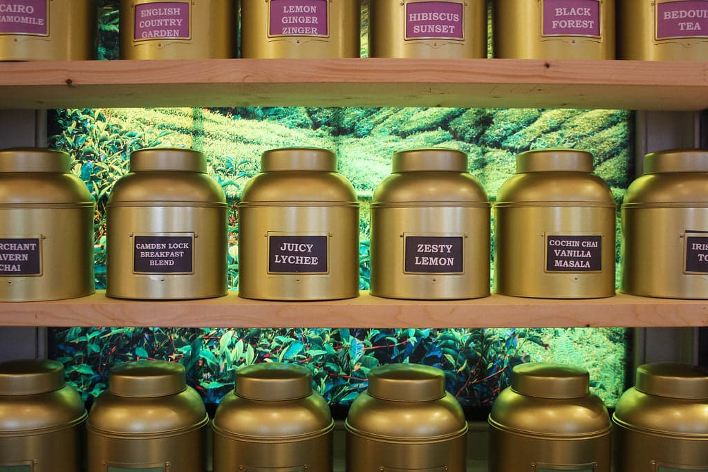 Tea display shelf at Camden Tea Bar, London