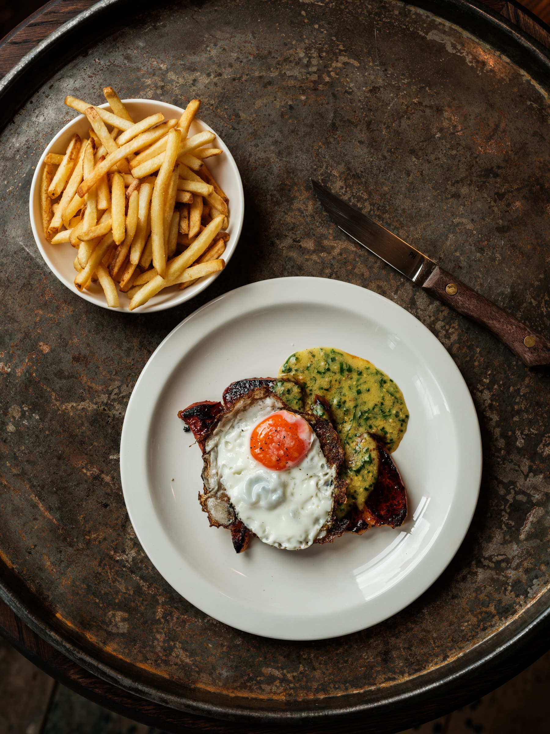 Steak and chips with fried egg at The Hero, Maida Vale, London