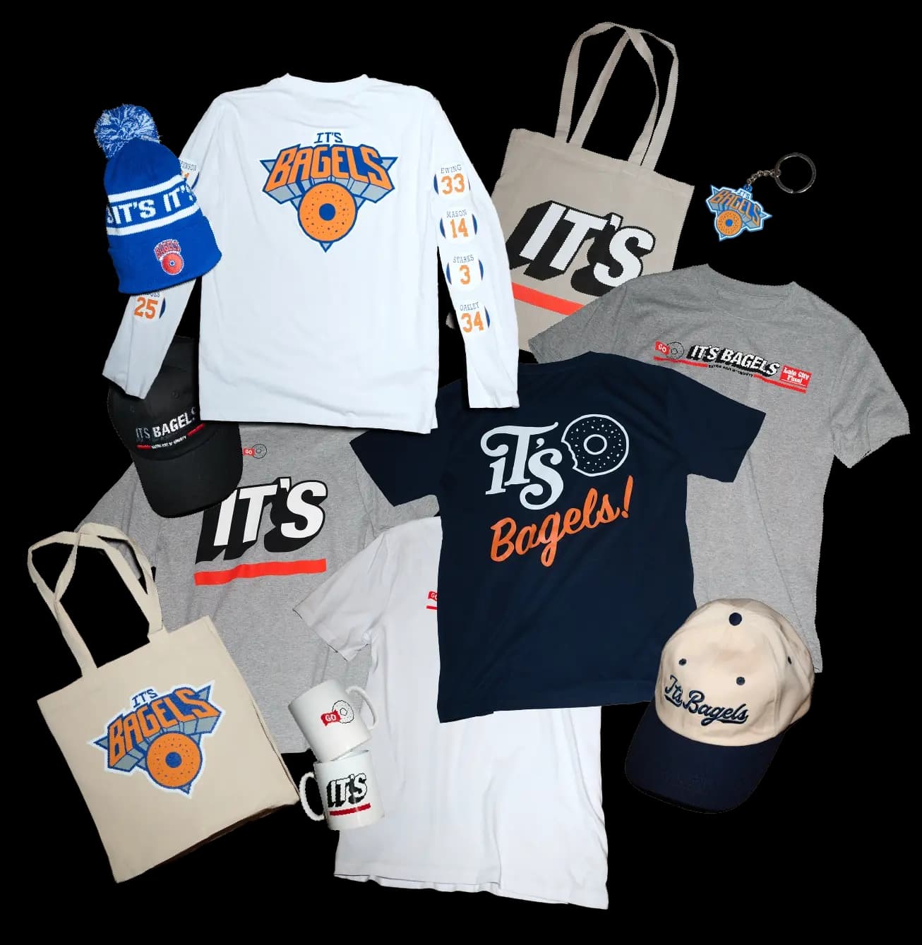 Branded merchandise collection at It's Bagels Primrose Hill, London