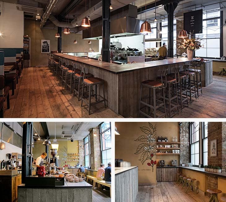 Communal dining bar area at Ozone Coffee, Shoreditch, London