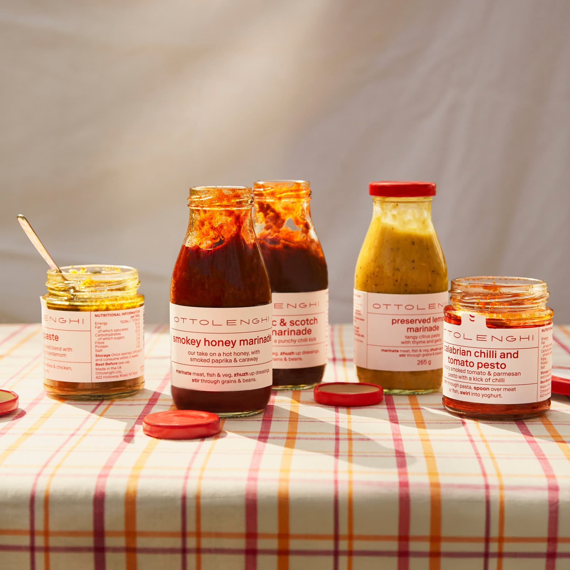 Condiments and marinades selection at Ottolenghi Richmond, Richmond