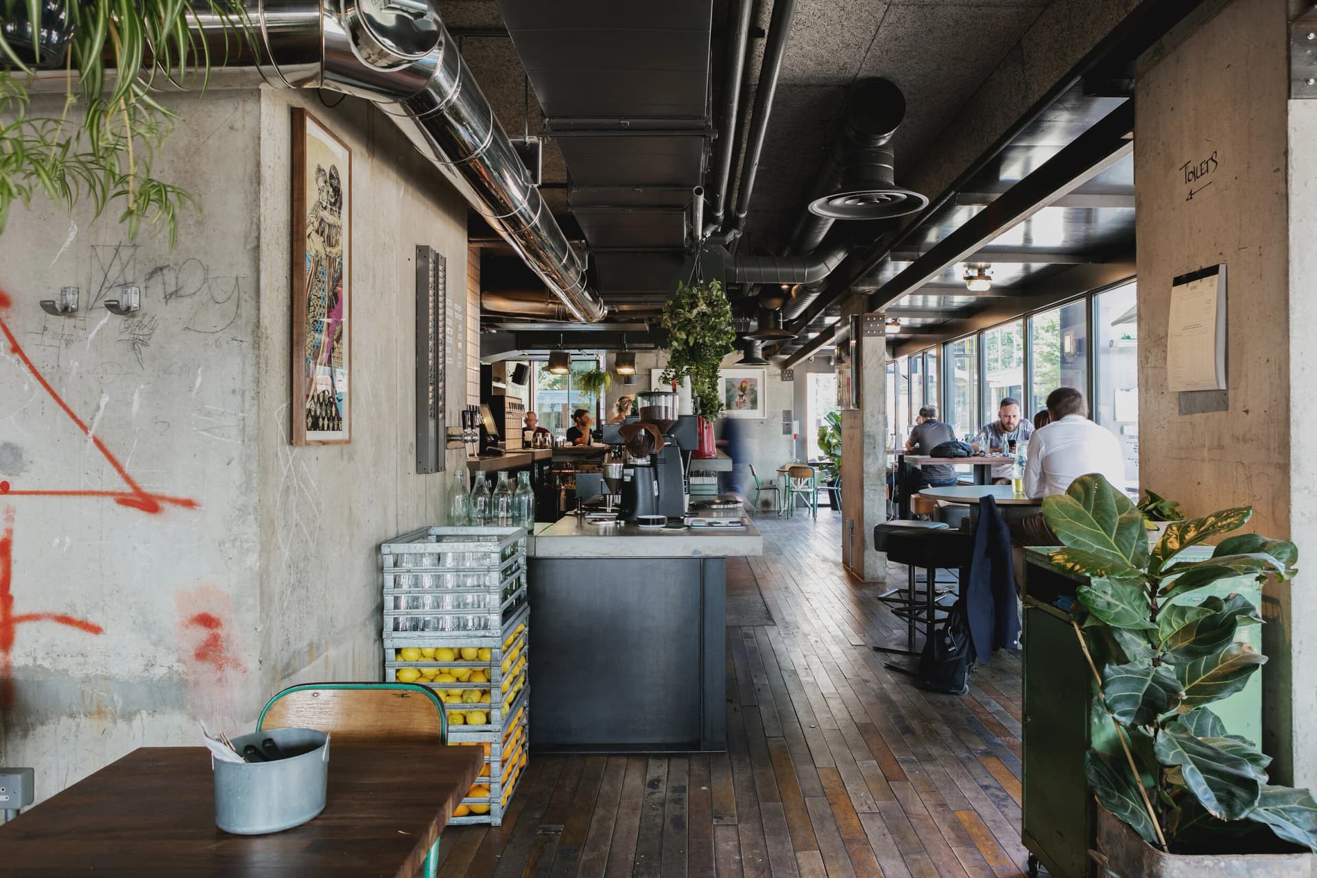 Industrial café workspace at Heist Bank, London
