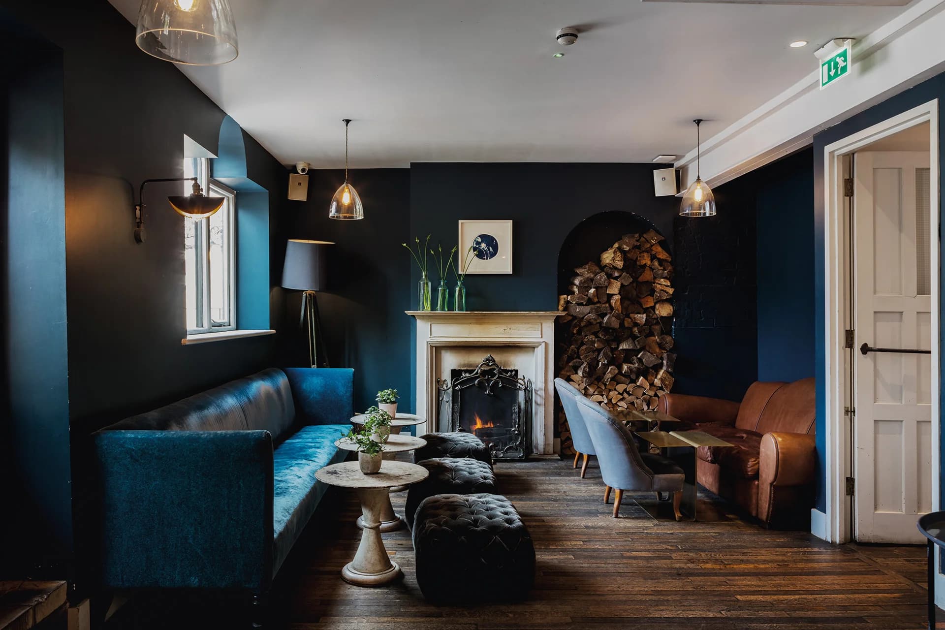 Fireside lounge area at No 32 The Old Town, London