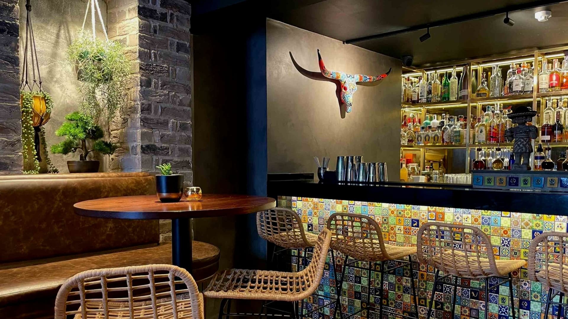 Bar area with colourful tiles at Los Mochis Notting Hill, London