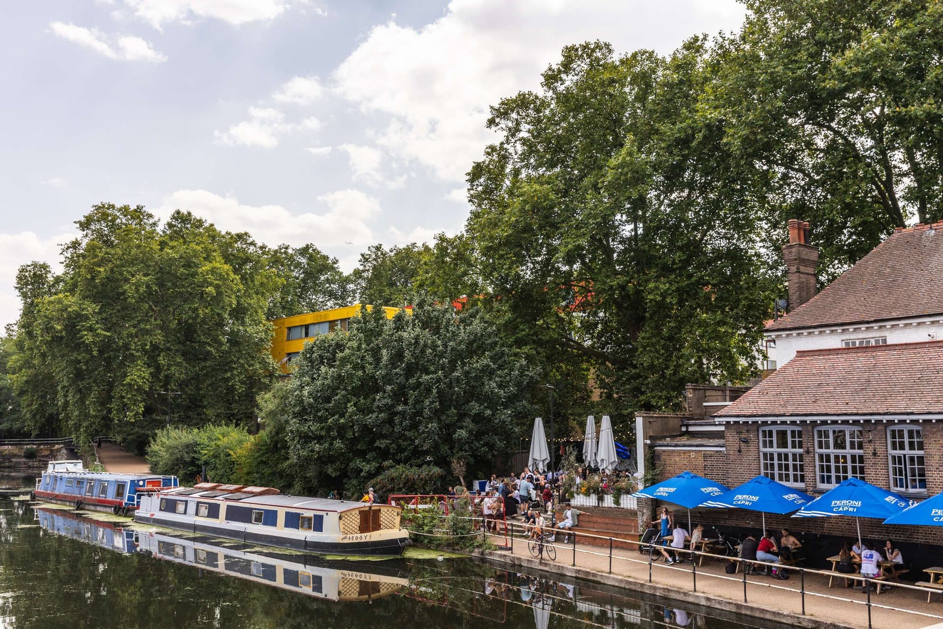 Canal-side outdoor seating at Princess of Wales, London