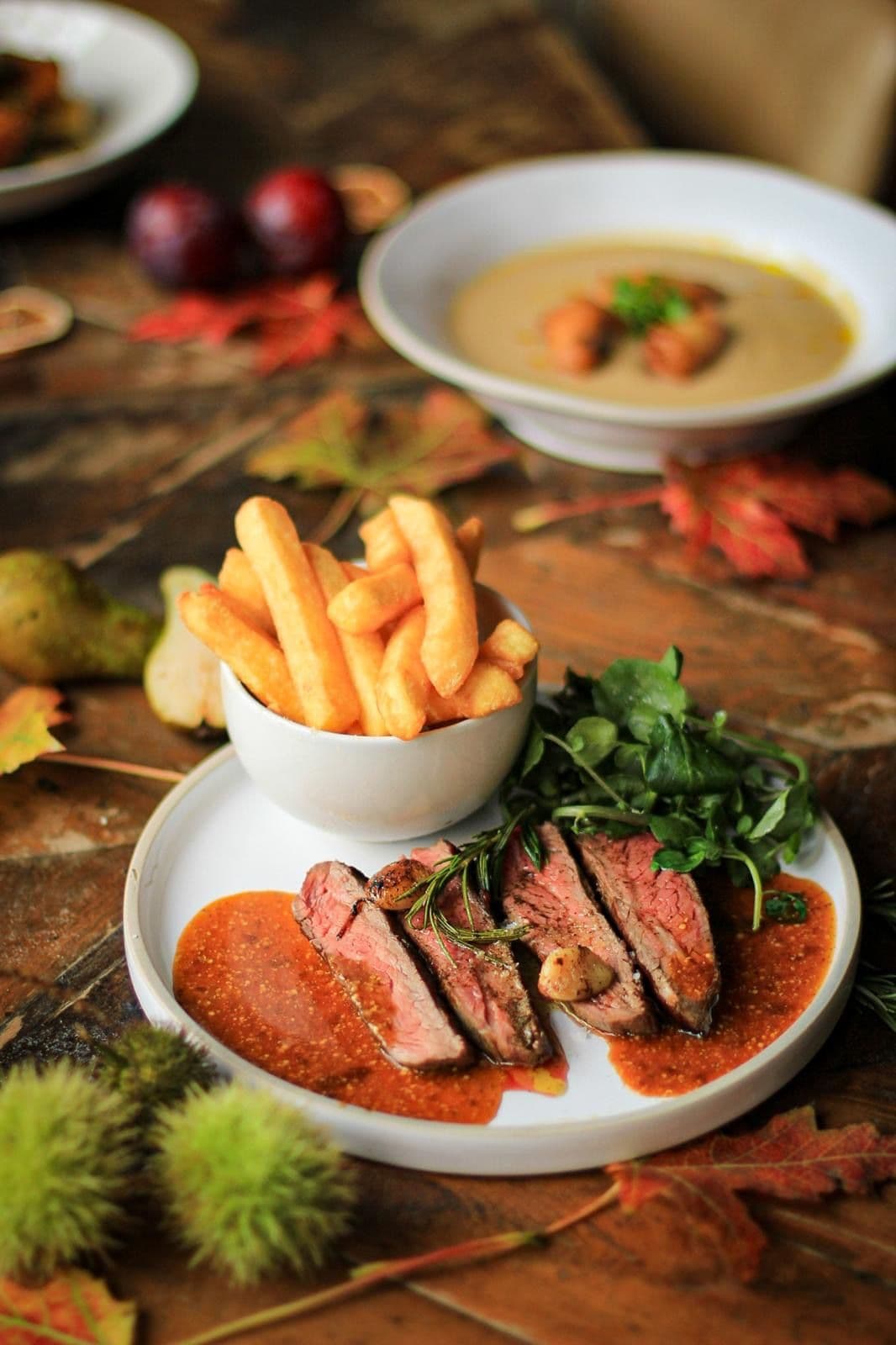 Sliced steak with chips at Princess of Wales, London