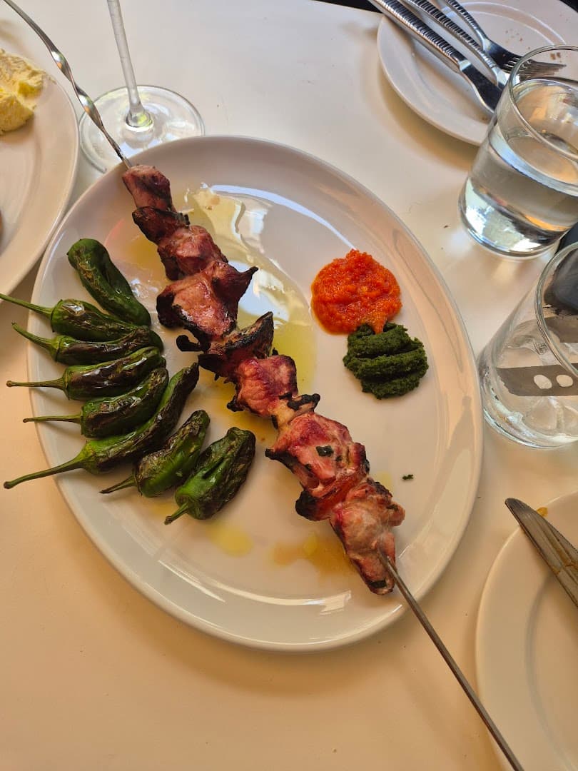 Meat skewer with Padrón peppers at Mriya Neo Bistro, London