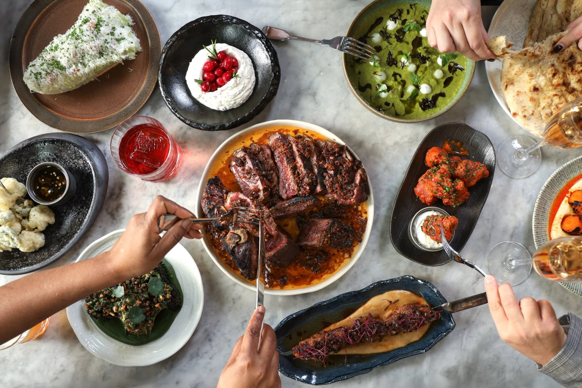 Sharing feast spread at Scarlett Green, London