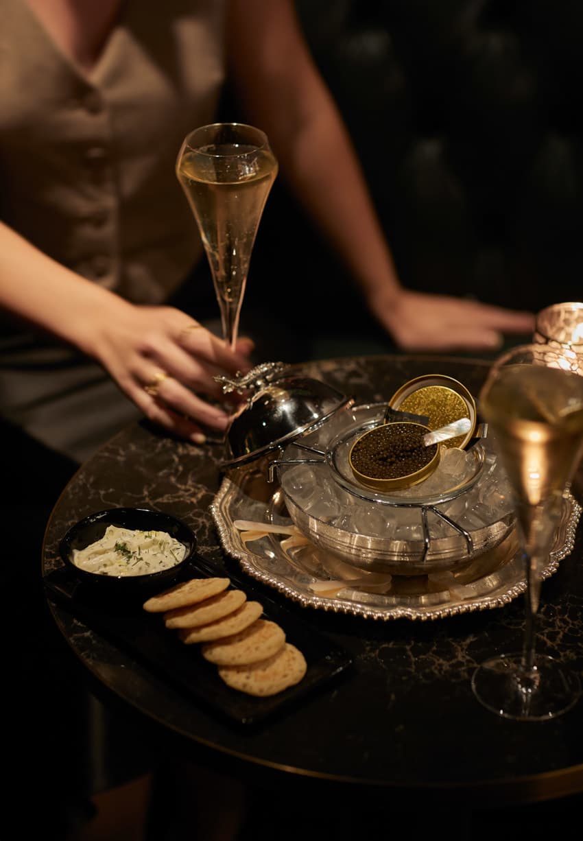 Champagne and caviar service at Stables Bar, London