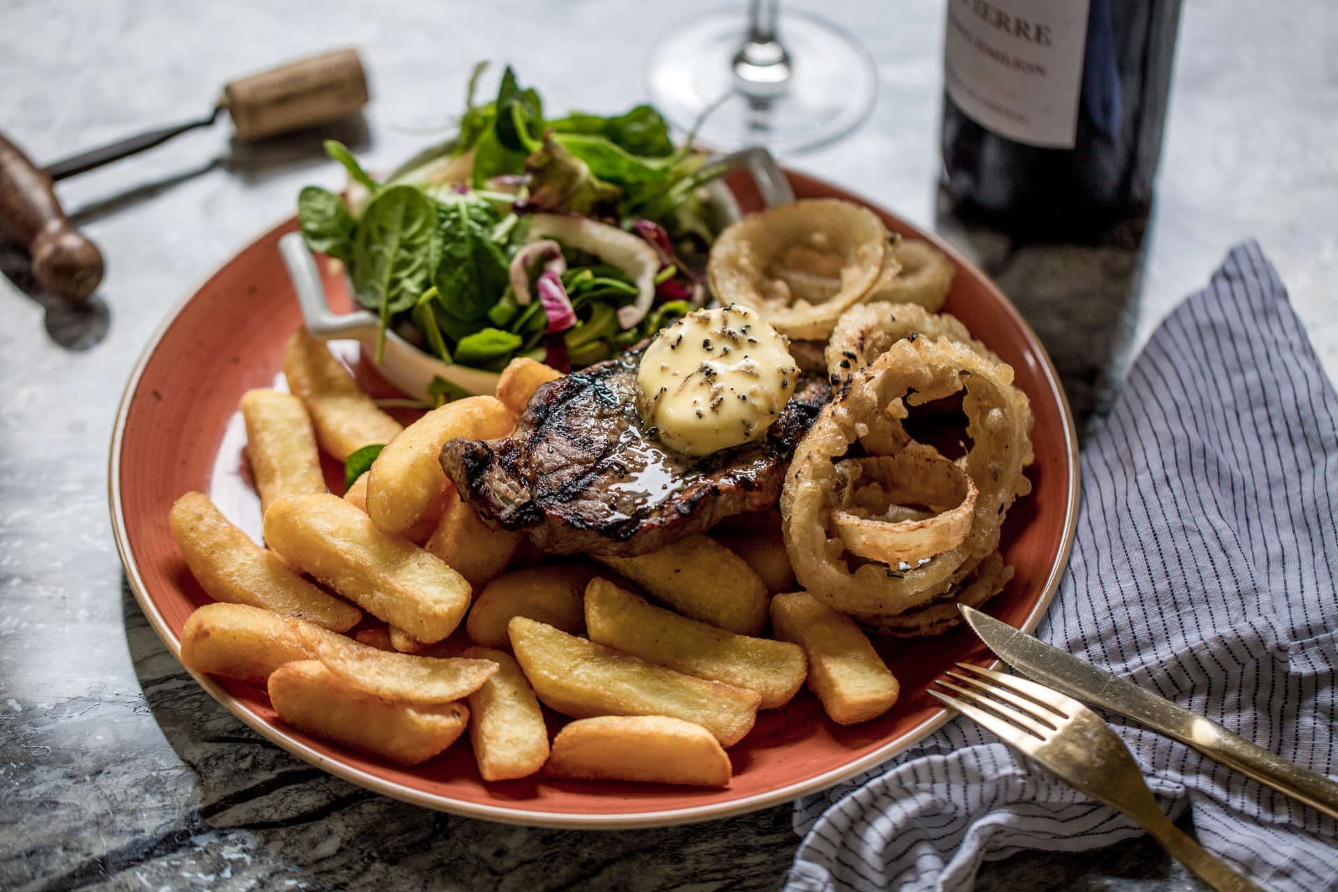 Steak chips onion rings at Coopers Arms, London