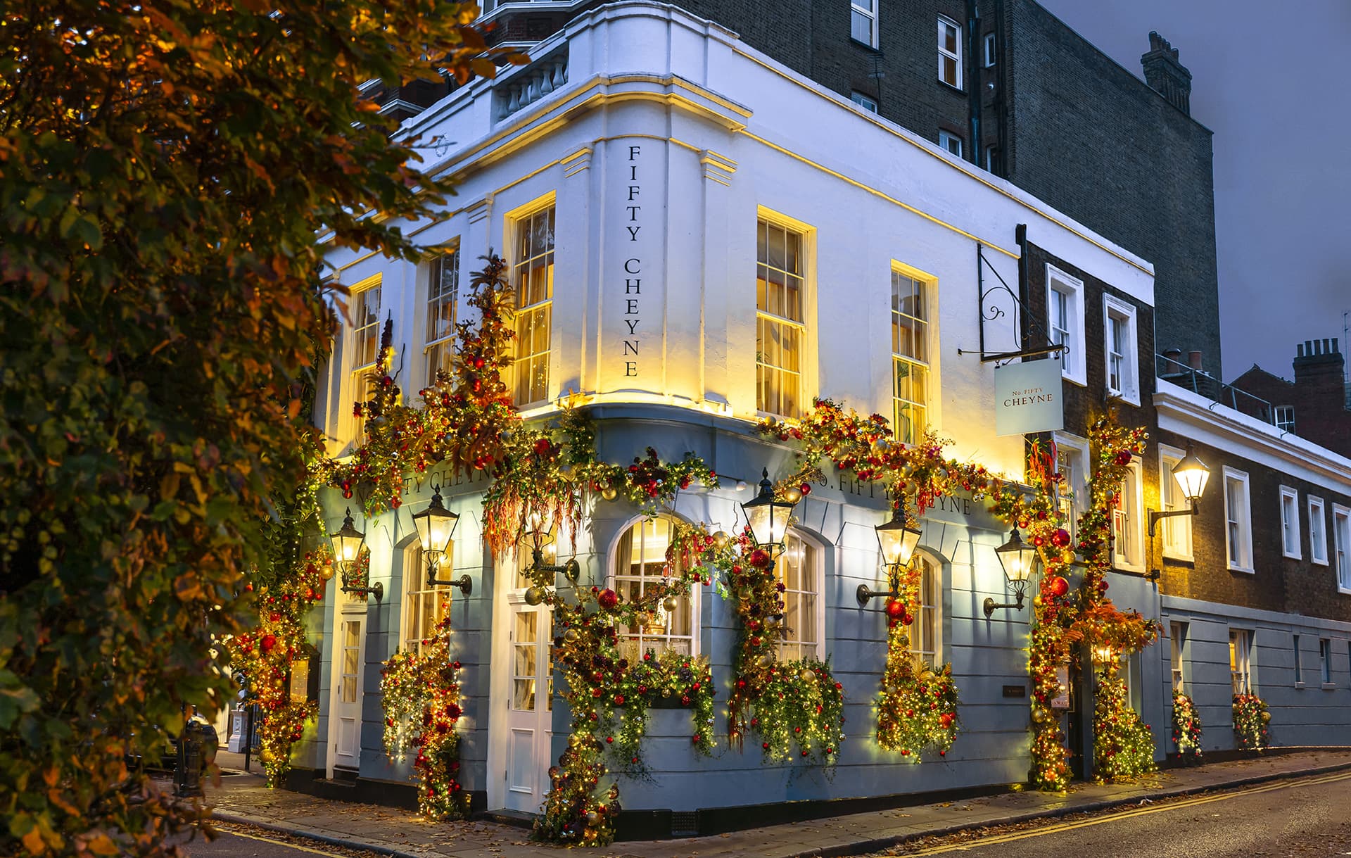 Front facade evening at No. Fifty Cheyne, London