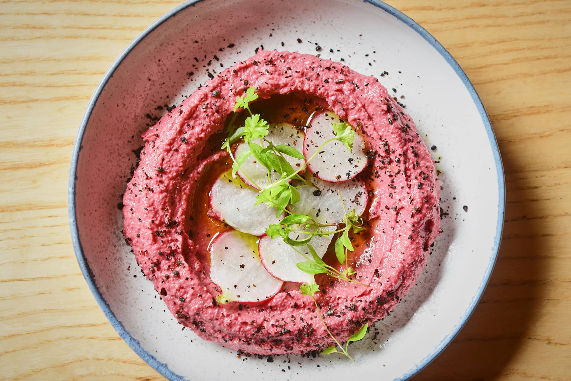 Beetroot hummus dish at Brother Marcus South Kensington, London