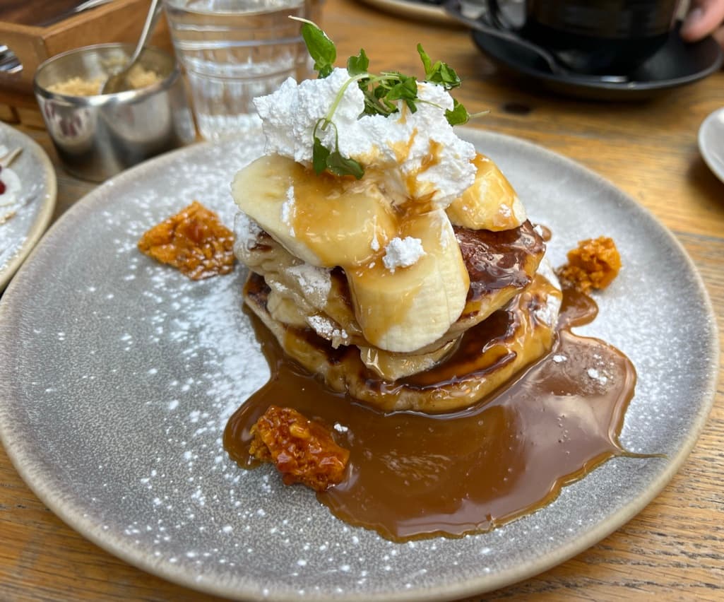 Banana pancake stack at Where The Pancakes Are, Flat Iron Square, London