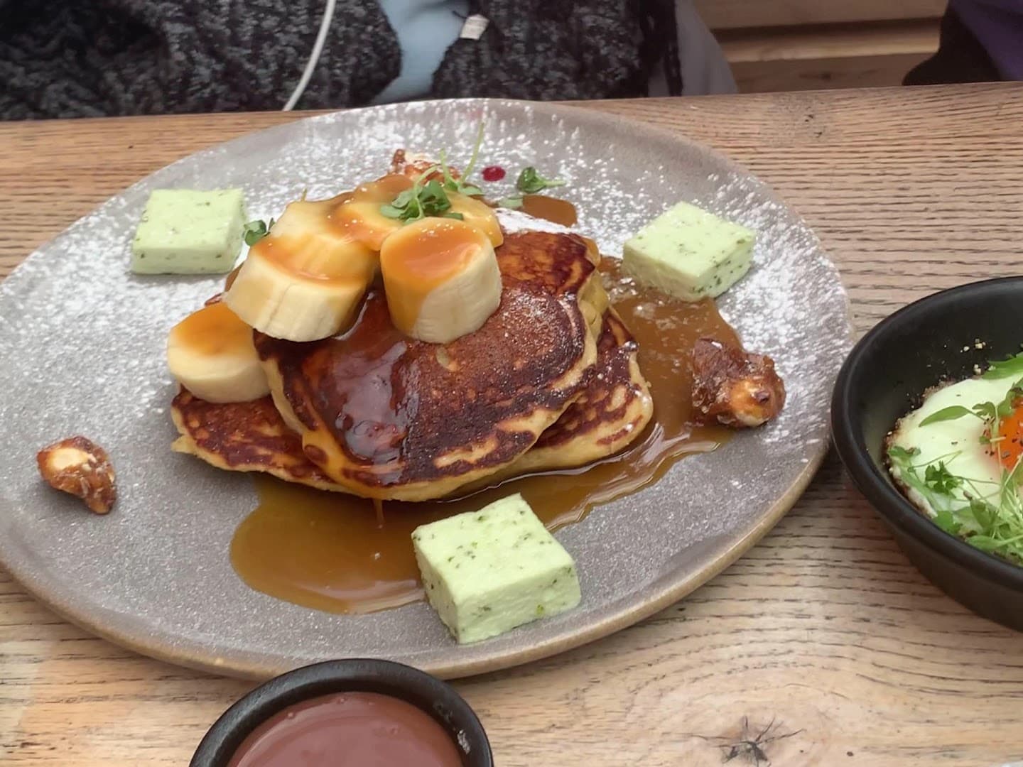 Fluffy pancakes with banana butter at Where The Pancakes Are, Flat Iron Square, London