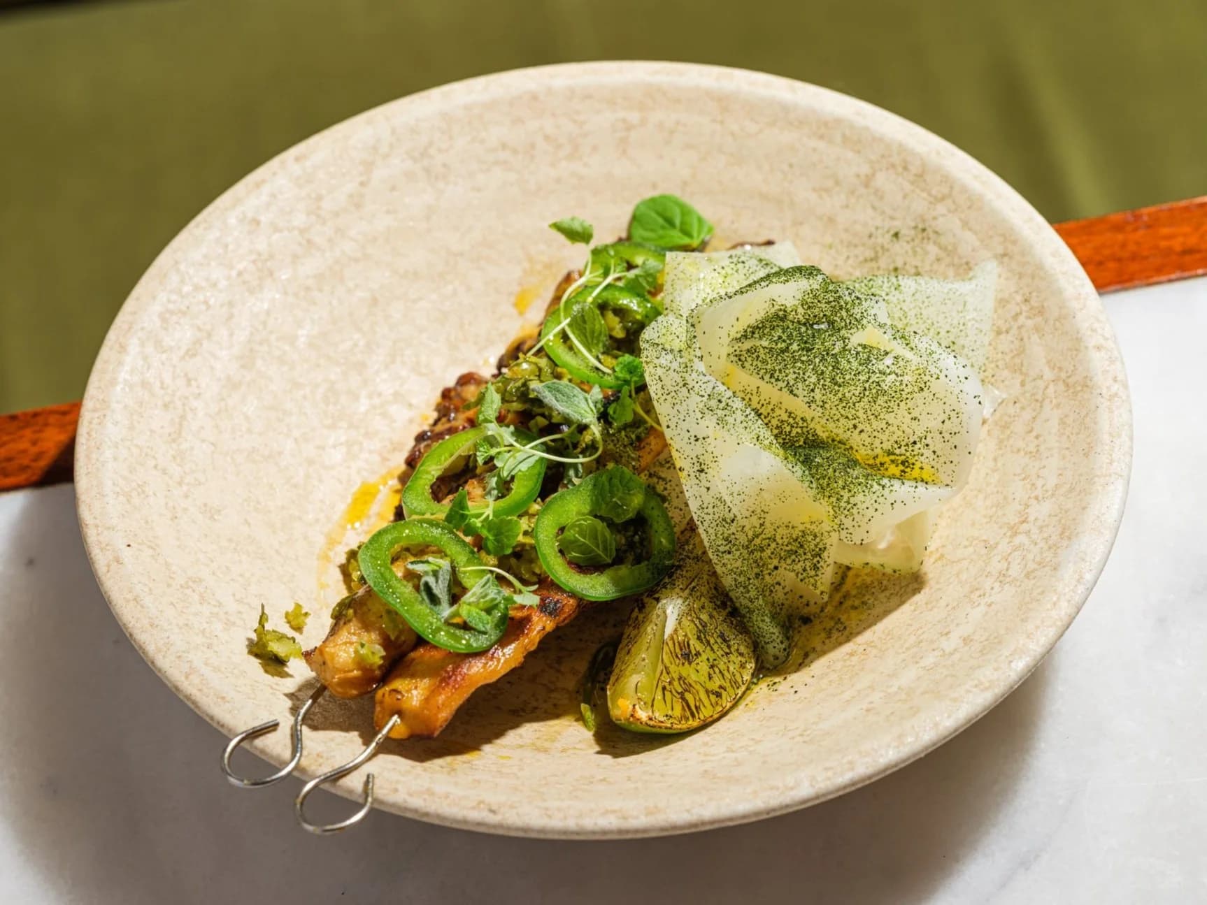 Grilled skewer dish with foam garnish at Tendril - A (mostly) Vegan Kitchen & Bar, London