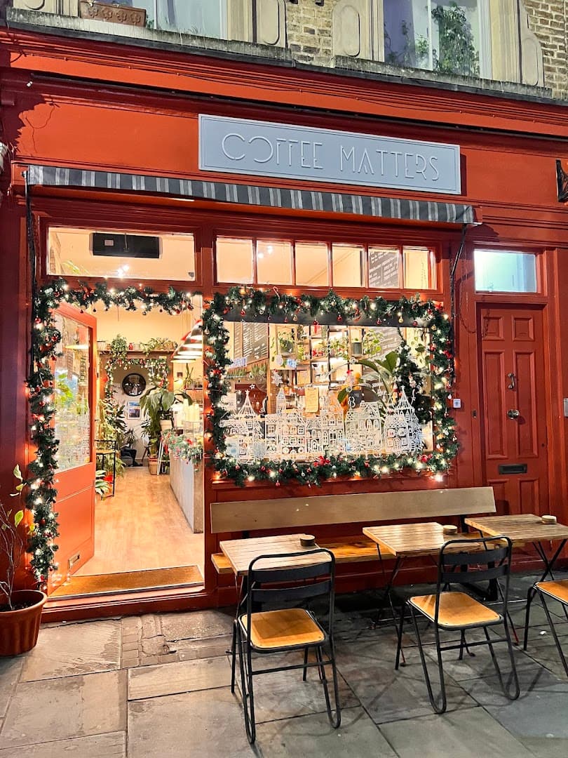 Christmas decorated storefront at Coffee Matters, London