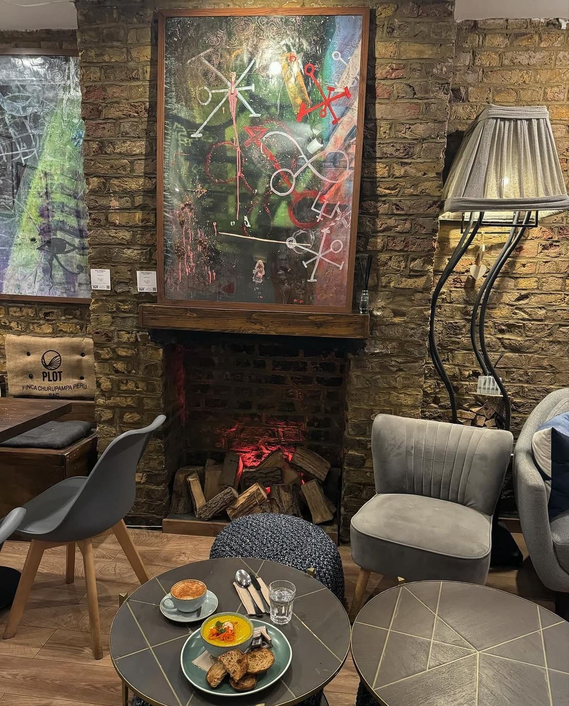 Fireplace seating area at Coffee Matters, London