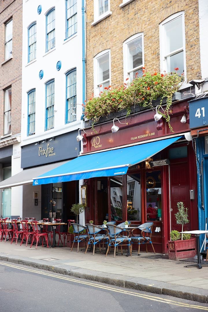Front facade with outdoor seating at Forty Dean Street, Soho, London