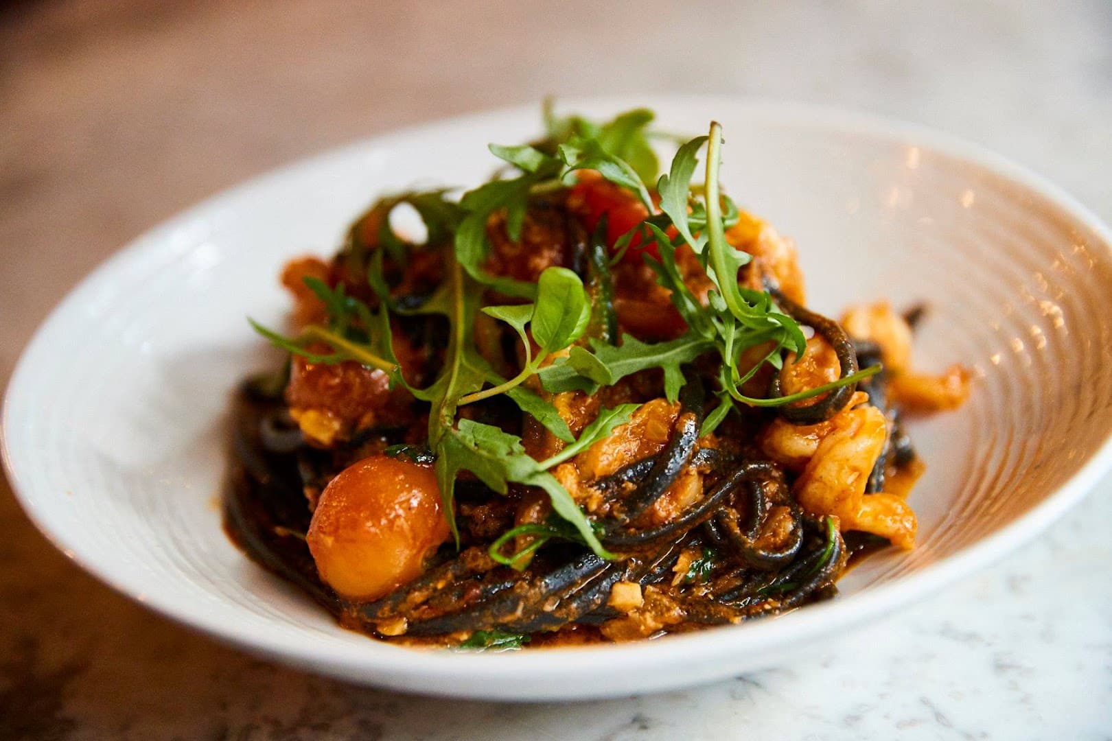 Squid ink pasta dish at Forty Dean Street, London