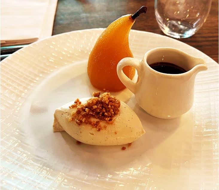 Poached pear dessert at Home Kitchen Primrose Hill, London