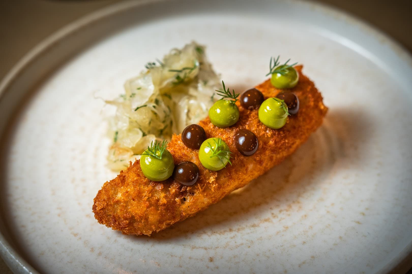 Breaded fish croquette dish at La Palombe Kensington, London